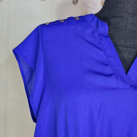 Sweet Rain Blue SS V Neck Poly Silver Button Shoulder Peplum Midi Dress Jr Sz L - Picture 5 of 16